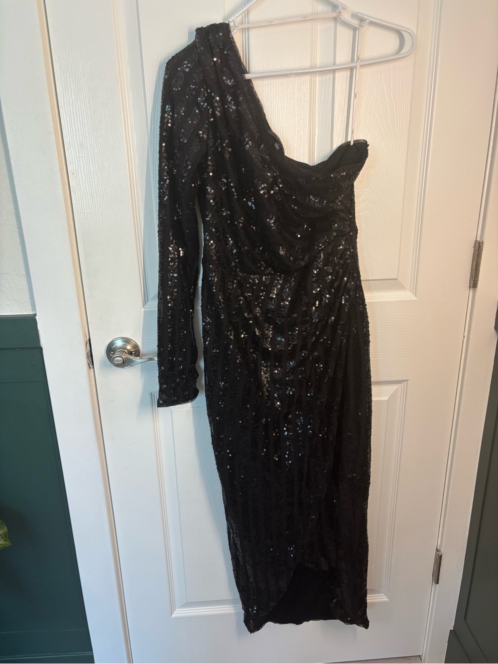 Lulus Black Sequin One Shoulder Midi Dress Side Slit Glam Cocktail Party Large - Picture 2 of 8